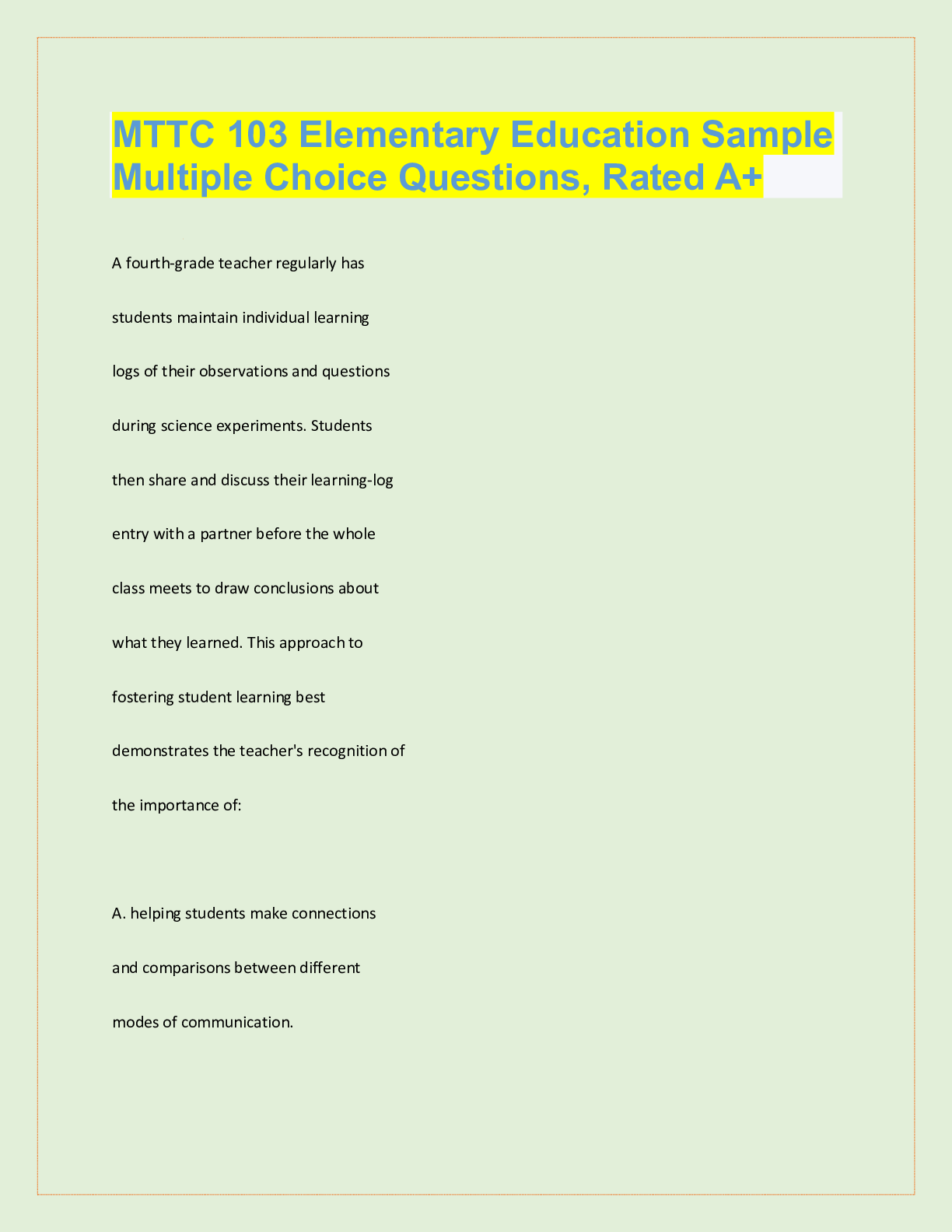 Preview of MTTC 103 Elementary Education Sample Multiple Choice Questions | 40 Questions with 100% Co